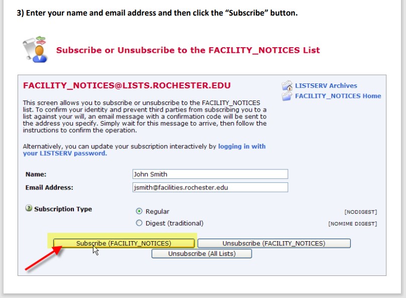 listserv registration form screen shot.