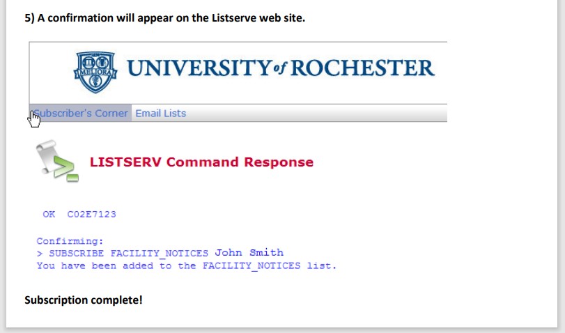 listserv success notification screen shot.